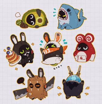 &gt;_&lt; ... avocaboo_(zenless_zone_zero) bagboo_(zenless_zone_zero) bandana bangboo_(zenless_zone_zero) butler_(zenless_zone_zero) closed_eyes eous_(zenless_zone_zero) facial_hair food holding holding_weapon lying marusan159 mustache no_humans on_side pancake plugboo_(zenless_zone_zero) puff_of_air sharkboo_(zenless_zone_zero) simple_background sitting sparkle spoken_ellipsis sumoboo_(zenless_zone_zero) weapon zenless_zone_zero