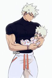 2boys baby bakugou_katsuki boku_no_hero_academia bracelet dimples ear_piercing father_and_son highres if_they_mated jewelry multiple_boys muscular muscular_male niverins piercing red_eyes white_hair
