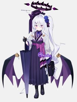 1girl alternate_costume alternate_hairstyle bag beko_(beco_1122) black_bag black_boots black_gloves black_halo black_hat black_horns black_shirt blue_archive blush boots bow closed_mouth closed_umbrella collared_shirt commentary_request demon_girl demon_horns demon_wings floral_print floral_print_kimono full_body gloves hair_ornament hakama hakama_skirt half_gloves halo hand_up hat hat_bow highres hina_(blue_archive) holding holding_bag holding_umbrella horns japanese_clothes kimono lace-up_boots lolita_fashion long_hair long_sleeves low_wings neck_ribbon print_kimono purple_bow purple_eyes purple_hakama purple_ribbon ribbon shirt side_ponytail skirt standing translation_request twitter_username umbrella undershirt very_long_hair wa_lolita watermark white_hair white_kimono wide_sleeves wings x_hair_ornament