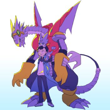 amasawa_keisuke arresterdramon belt blue_eyes digimon digimon_story:_cyber_sleuth_hacker's_memory dragon evolution evolutionary_line gloves gumdramon highres multiple_boys scar tail wings