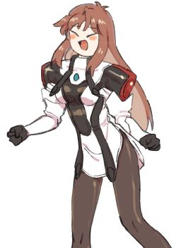 1girl :d ^_^ black_dress black_gloves blush_stickers breasts brown_hair brown_pantyhose closed_eyes dress elhaym_van_houten feet_out_of_frame gan2 gloves highres legs_apart long_hair medium_breasts no_nose open_mouth pantyhose short_dress side_slit simple_background smile solo standing two-tone_dress white_background white_dress xenogears