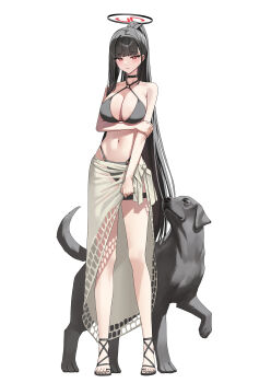 Rule 34 | 1girl, absurdres, alfie (tmdals7645), alternate costume, bare shoulders, bikini, black bikini, black choker, black hair, black nails, black sandals, blue archive, breasts, choker, cleavage, closed mouth, dog, full body, halo, hand on own thigh, hashtag-only commentary, highres, large breasts, long hair, looking at viewer, mesh, navel, red eyes, rio (blue archive), sandals, see-through clothes, sideboob, standing, stomach, strap sandals, swimsuit, thigh strap, very long hair, white background