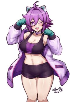 1girl absurdres ahoge animal_ears artist_name black_shorts black_sports_bra blush breasts cat_ears choker cleavage commentary commission cowboy_shot english_commentary gloves green_gloves hands_up highres jacket ko-fi_commission one_eye_closed open_clothes open_jacket open_mouth original purple_eyes purple_hair purple_jacket rotomdocs short_hair shorts signature smile solo sports_bra sportswear standing white_background workout_clothes