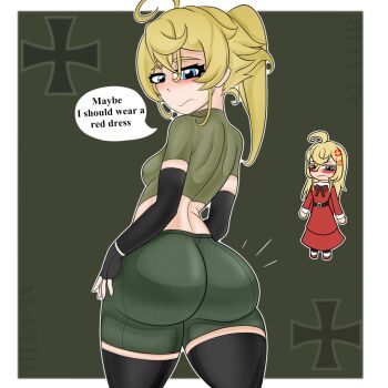 1girl alatir anger_vein annoyed arms_at_sides ass ass_focus black_gloves black_sleeves black_thighhighs blonde_hair blue_eyes blush border breasts chibi closed_mouth cowboy_shot cropped_shirt detached_sleeves dot_nose dress embarrassed english_text eyelashes female_focus fingerless_gloves from_behind full_body gloves green_background green_shirt green_shorts highres huge_ass kyojiri_loli loli long_hair looking_at_viewer looking_back military_uniform multiple_views ponytail red_dress shirt shorts simple_background small_breasts standing t-shirt tanya_degurechaff thighhighs white_border youjo_senki