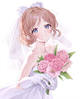 1girl absurdres bare_shoulders blue_eyes blush bouquet bow brown_hair chobi_(penguin_paradise) collarbone commentary_request dress elbow_gloves flower gakuen_idolmaster glint gloves hair_bow hair_bun hair_intakes highres himesaki_rinami holding holding_bouquet idolmaster jewelry looking_at_viewer pink_flower pink_rose ring rose simple_background smile solo strapless strapless_dress wedding_dress white_background white_bow white_dress white_gloves