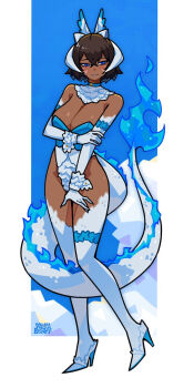 1girl averting_eyes blue_eyes blush boots breasts brown_hair cleavage closed_mouth dark-skinned_female dark_skin dragon_girl dragon_horns dragon_tail elbow_gloves embarrassed fire flame-tipped_tail full_body gloves hair_between_eyes hand_on_own_arm high_heels highres horns large_breasts leotard milkytiddyboy original short_hair slit_pupils solo stiletto_heels tail thigh_boots white_gloves white_leotard