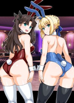 2girls :d absurdres animal_ears artoria_pendragon_(fate) ass back black_hair black_thighhighs blonde_hair blue_eyes blue_leotard blue_ribbon breasts closed_mouth detached_collar fake_animal_ears fake_tail fate/stay_night fate_(series) from_behind hair_ribbon haruhisky highres large_breasts leotard long_hair looking_at_viewer looking_back multiple_girls open_mouth playboy_bunny rabbit_ears rabbit_tail red_leotard ribbon saber_(fate) smile standing tail thighhighs thighs tohsaka_rin tongue two_side_up white_thighhighs white_wrist_cuffs wrist_cuffs
