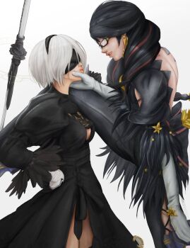 2girls bayonetta black_dress black_hair blindfold bodysuit crossover dress earrings glasses gloves gun hairband hand_on_own_hip holding_face jewelry leg_up multiple_girls nier:automata nier_(series) platinumgames puckered_lips sega square_enix sword weapon white_hair yoracrab