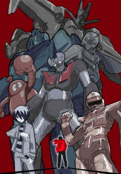 4boys antennae armor black_hair black_pants choudenji_robo_combattler_v combattler_v_(robot) commentary crossover dangaioh_hyper_combat_unit dangaiou from_behind helmet jacket jikuu_senshi_spielban kamen_rider kamen_rider_x kamen_rider_x_(series) looking_at_viewer masamu_(leonore69) mazinger_(series) mazinger_z mazinger_z_(mecha) mecha metal_hero mizuki_ichirou_(singer) multiple_boys multiple_crossover pants red_background red_jacket red_scarf robot scarf short_hair spielban