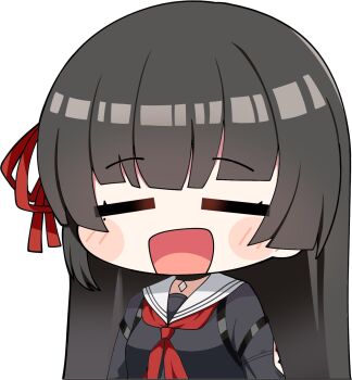 Rule 34 | 1girl, arm cutout, black hair, black shirt, breasts, chisa (wuthering waves), closed eyes, clothing cutout, commentary, hair ribbon, highres, long hair, medium breasts, mole, mole under eye, neckerchief, open mouth, red neckerchief, red ribbon, ribbon, sailor collar, shirt, simple background, smile, solo, symbol-only commentary, twomoon, upper body, white background, white sailor collar, wuthering waves