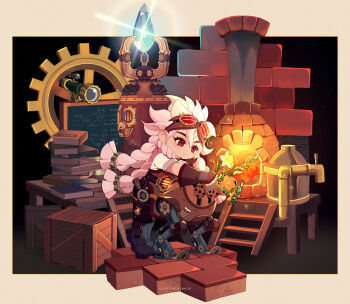 1girl absurdres afk_(series) afk_journey apron artist_name black_background black_pants blush book book_stack boots border braid brown_apron brown_boots brown_gloves chalkboard closed_mouth commentary crystal dwarf elbow_rest embers english_commentary eyelashes fingerless_gloves fire flower freckles furnace gauge gear_hair_ornament gears glint gloves goggles goggles_on_head gun hair_between_eyes hair_ornament head_rest hen-tie highres holding holding_flower holster holstered industrial_pipe jug_(bottle) long_hair orange_flower outside_border pants pink_hair pressure_gauge quad_braids red_eyes robot shirt short_sleeves side_braids smile solo stairs standing table telescope thigh_holster valve very_long_hair weapon white_border white_flower white_shirt wooden_box wooden_table zanie_(afk)