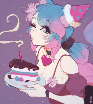 Rule 34 | 1girl, alternate costume, animal ear fluff, animal ears, birthday cake, black choker, black shirt, blue eyes, blue hair, braid, braided ponytail, breasts, cake, choker, cleavage, closed mouth, commentary, english commentary, epebe, food, gradient hair, hat, highres, large breasts, long hair, multicolored hair, nail polish, one eye closed, party hat, pink hair, pink nails, shirt, silvervale, solo, very long hair, virtual youtuber, vshojo, wolf ears, wolf girl