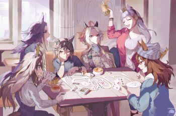 Rule 34 | 6+girls, absurdres, ahoge, animal ears, beanie, black gloves, black hair, black pants, black shirt, blue eyes, blue pants, blue shirt, blue vest, blunt bangs, bow, breasts, brown eyes, brown hair, brown hat, bubble tea, candy, card, casual, chair, closed eyes, closed mouth, coffee, commentary, cup, denim, denim jacket, disposable cup, dream journey (casual) (umamusume), dream journey (umamusume), drinking glass, drinking straw, ear bow, ear covers, ears through headwear, english commentary, eyewear strap, fenomeno (casual) (umamusume), fenomeno (umamusume), flipped hair, food, food in mouth, glasses, gloves, gold ship (casual) (umamusume), gold ship (umamusume), grey hair, grey hat, grey jacket, grey shirt, hair between eyes, hat, highres, hiro henuri, holding, holding card, holding cup, hood, hooded sweater, hoodie, horse ears, horse girl, horse tail, indoors, jacket, large breasts, lollipop, lollipop in mouth, long hair, long sleeves, multicolored hair, multiple girls, nakayama festa (casual) (umamusume), nakayama festa (umamusume), one eye closed, open clothes, open jacket, open mouth, orange hair, orfevre (casual) (umamusume), orfevre (umamusume), pants, pillbox hat, playing card, purple eyes, purple hair, red jacket, shirt, sitting, small breasts, smile, stay gold (casual) (umamusume), stay gold (umamusume), stay gold clan (umamusume), streaked hair, striped clothes, striped headwear, sweater, table, tail, two-tone hair, umamusume, vertical-striped clothes, vertical-striped headwear, vest, watch, white hair, white hoodie, white sweater, wristwatch