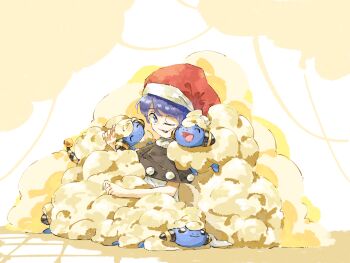 1girl black_capelet blue_eyes blue_hair capelet crossover doremy_sweet dress gen_2_pokemon hat looking_at_another mareep nama_udon nightcap nintendo one_eye_closed open_mouth pokemon pokemon_(creature) red_hat short_hair sitting solo touhou white_dress