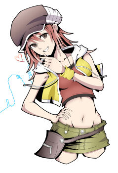 1girl bare_shoulders breasts brown_eyes brown_hat collarbone commentary_request crop_top cropped_jacket cropped_legs drawstring fanny_pack finger_heart green_skirt grin groin hair_between_eyes hand_on_own_hip hat highres hood hood_down hooded_jacket jacket jewelry kintoki_(versus0827) long_hair looking_at_viewer medium_breasts midriff miniskirt misaki_shiki navel necklace newsboy_cap open_clothes open_jacket red_hair red_shirt ring shirt short_hair sidelocks skirt sleeveless sleeveless_jacket sleeveless_shirt smile solo standing subarashiki_kono_sekai white_background wristband yellow_jacket