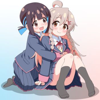 2girls :d ahoge black_jacket black_skirt blue_background blue_hair blush braid brown_eyes brown_hair colored_inner_hair commentary full_body gradient_background grey_hair grey_socks hair_ornament hairclip highres hozuki_momiji hug hug_from_behind jacket kneeling long_hair long_sleeves multicolored_hair multiple_girls neck_ribbon no_shoes onii-chan_wa_oshimai! open_mouth oyama_mahiro pink_background pink_hair pleated_skirt ponytail red_ribbon ribbon sakuzo school_uniform shirt short_hair short_ponytail simple_background sitting skirt smile socks twin_braids two-tone_hair white_shirt wing_collar yotsuba_university_affiliated_junior_high_school_uniform yuri