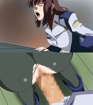 10s 1boy 1girl anal anal_fluid animated animated_gif arm_support ass bouncing_breasts breasts brown_hair censored closed_eyes clothed_sex doggystyle erection gundam gundam_seed gundam_seed_destiny hetero indoors long_hair medium_breasts military military_uniform mosaic_censoring multiple_views murrue_ramius nanashi_no_(akfg-uw-178) nanashi_no_chinpokko_(nijie755696) open_mouth pantyhose penis sex sex_from_behind solo_focus split_screen standing standing_sex torn_clothes