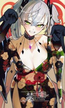 1girl bare_shoulders black_cloak black_hands black_kimono blush body_markings breasts choker cloak colored_extremities commentary_request crossed_bangs demon_girl demon_horns double_v ear_piercing fate/grand_order fate_(series) floral_print green_eyes green_kimono grey_hair grin hair_between_eyes highres horns japanese_clothes kabosoi_mangaka kimono lilith_(fate) long_hair looking_at_viewer medium_breasts obi off_shoulder piercing pointy_ears sash smile solo twintails two-tone_kimono v very_long_hair