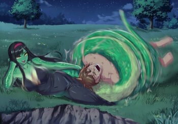 1boy 1girl black_dress breasts cleavage coiled crushing date dress evil_grin evil_smile femdom grin lamia laughing lipbite long_hair monster_girl night sadist smile snake_bondage squeezing torture