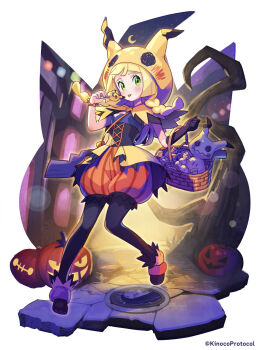 Rule 34 | 1girl, acerola (fall 2020) (pokemon), acerola (pokemon), acerola (pokemon) (cosplay), blonde hair, candy, cosplay, food, gen 1 pokemon, gen 7 pokemon, green eyes, halloween, halloween bucket, highres, kinocopro, lillie (pokemon), mimikyu, nintendo, pikachu, pokemon, pokemon masters ex, pokemon sm, shorts, solo, striped clothes, striped shorts, vertical-striped clothes, vertical-striped shorts, wrapped candy