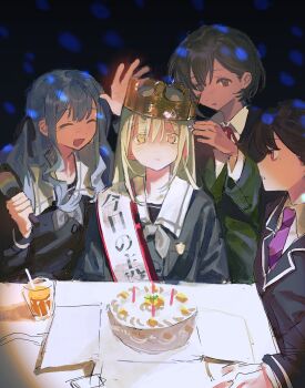 Rule 34 | 4girls, bang dream!, bang dream! it's mygo!!!!!, birthday cake, birthday sash, black jacket, blue hair, brown eyes, cake, chinese commentary, commentary request, crop top, cup, diagonal-striped clothes, diagonal-striped necktie, food, green hair, grey hair, hair ornament, hairclip, haneoka school uniform, highres, jacket, long hair, multiple girls, necktie, open mouth, purple eyes, school uniform, shiina taki, short hair, sssakanaaa, striped clothes, takamatsu tomori, togawa sakiko, tsukinomori school uniform, wakaba mutsumi, yellow eyes