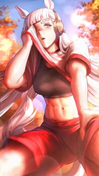 1girl abs absurdres animal_ears black_sports_bra blue_sky blunt_bangs breasts clothes_lift gold_ship_(umamusume) grey_hair gym_shirt gym_uniform highres horse_ears horse_girl horse_tail large_breasts long_hair midriff navel no_headwear numanoan outdoors purple_eyes red_shorts shirt shirt_lift short_sleeves shorts sky solo sports_bra tail tracen_training_uniform tree umamusume white_shirt