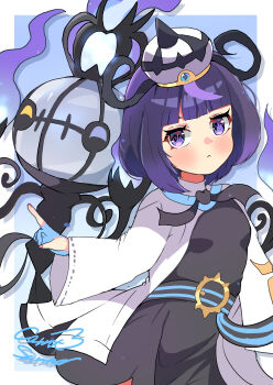 1girl absurdres belt black_dress black_hair blue_gloves blunt_bangs blush bob_cut breasts carrot_summer chandelure closed_mouth coat dress fire gen_5_pokemon gloves gradient_hair gwynn_(pokemon) hat highres long_sleeves looking_at_viewer mega_chandelure mega_pokemon mega_stone multicolored_hair nintendo o-ring o-ring_belt open_clothes open_coat partially_fingerless_gloves pokemon pokemon_(creature) pokemon_legends:_z-a purple_eyes purple_fire purple_hair short_hair white_coat yellow_eyes