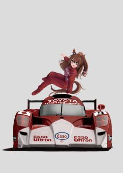 1girl blue_eyes brown_hair car el_condor_pasa_(umamusume) eye_mask hair_between_eyes handstand jacket long_hair looking_at_viewer mask motor_vehicle one_arm_handstand open_mouth pants race_vehicle racecar racing_suit red_jacket red_pants red_shoes shoes sidelocks solo toyota umamusume yanparap