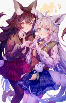 2girls absurdres ahoge animal_ear_fluff animal_ears aqua_eyes black_pantyhose blue_skirt blush braid brown_sweater collared_shirt flower fox_ears fox_girl fox_tail hair_between_eyes hair_flower hair_ornament heart heart_hands heart_hands_duo highres hololive long_sleeves multicolored_hair multiple_girls muze-8 necktie ookami_mio ookami_mio_(10th_costume) open_mouth orange_eyes orange_necktie pantyhose plaid_clothes plaid_skirt red_hair red_skirt shirakami_fubuki shirakami_fubuki_(11th_costume) shirt simple_background skirt smile sukonbu_(shirakami_fubuki) sweater tail virtual_youtuber white_background white_hair white_shirt wolf_ears wolf_girl