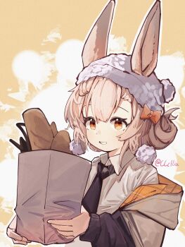 1girl :d absurdres animal_ears arknights bag baguette bow bread brown_hair collared_shirt ears_through_headwear food grey_hat grin groceries hair_bow hat highres long_sleeves looking_at_food making-of_available official_alternate_costume open_mouth orange_bow orange_eyes paper_bag rabbit_ears sakuratani_hane shirt short_hair smile solo twitter_username warmy_(arknights) warmy_(warm_velvet_at_the_corner)_(arknights) white_shirt