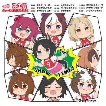>:( 6+girls :d ^_^ agnes_tachyon_(umamusume) ahoge animal_ears black_hair blue_eyes blush brown_hair capriccyo chibi clenched_hand clenched_hands closed_eyes closed_mouth double_v english_text forehead fuji_kiseki_(umamusume) hair_between_eyes hair_ornament hairclip hand_up hat highres horse_ears horse_girl horse_tail index_finger_raised long_hair mejiro_ryan_(umamusume) mini_hat mini_top_hat mr._c.b._(umamusume) multicolored_hair multiple_girls narita_top_road_(umamusume) open_mouth original_race_uniform_(umamusume) parted_bangs pink_shorts puffy_short_sleeves puffy_sleeves purple_eyes purple_hair race_bib red_eyes sakura_chiyono_o_(umamusume) shirt shoes short_hair short_sleeves shorts smile socks special_week_(umamusume) streaked_hair symboli_rudolf_(umamusume) tail tilted_headwear top_hat translation_request twitter_username two-tone_hair umamusume v v-shaped_eyebrows white_hair white_hat white_shirt white_shoes white_socks winning_ticket_(umamusume)