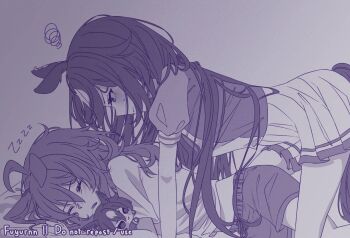 2girls animal_ears blush commentary fuyurnn greyscale holding holding_stuffed_toy horse_ears horse_girl looking_down monochrome multiple_girls nakayama_festa_(umamusume) school_uniform shirt short_sleeves shorts simple_background sirius_symboli_(umamusume) sleeping stuffed_animal stuffed_toy symbol-only_commentary umamusume white_shirt yuri zzz