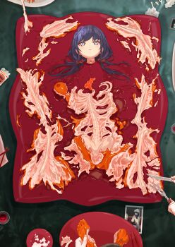 1girl alcohol biting blue_eyes blue_hair bone cannibalism corpse cup death dismemberment eating empty_eyes female_focus guro john0819 knife lying meat_juice nijisanji on_back photo_(object) ponto_nei pov severed_head solo utensil wine