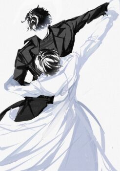 2boys black_coat black_hair black_shirt coat dancing faceless feet_out_of_frame from_above holding_hands jdjoaaa kim_dokja male_focus multiple_boys omniscient_reader&#039;s_viewpoint open_clothes open_coat shirt short_hair white_coat yoo_joonghyuk