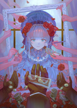 1girl absurdres applying_another's_makeup applying_makeup banknote black_gloves blue_eyes blue_hair blunt_bangs bonnet bottle closed_mouth coin commentary_request disembodied_hand flower gloves hair_flower hair_ornament hand_mirror highres holding holding_brush holding_flower holding_makeup_brush holding_money lolita_fashion long_hair long_sleeves looking_at_viewer makeup_brush mirror money original perfume_bottle petals picture_frame red_flower red_rose rose solo_focus sumire_(pwkx4575) too_many_hands upper_body window