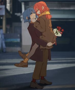 Rule 34 | 2girls, absurdres, alternate costume, blue hair, bocchi the rock!, brown coat, coat, commentary, english commentary, flower, hair ornament, hairclip, hands on another's ass, highres, kita ikuyo, machuuu68, medium hair, multiple girls, parallel hairclips, red hair, rose, scarf, short hair, smile, tagme, white scarf, yamada ryo, yellow eyes, yuri