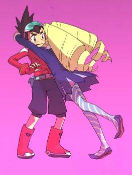 1boy 1girl blonde_hair blue_dress boots brown_hair dress drill_hair eyewear_on_head fingerless_gloves geo_stelar_(mega_man) gloves highres hug long_hair luna_platz_(mega_man) mega_man_(series) mega_man_star_force_(series) pantyhose purple_background red_boots red_gloves sakino_(sanodon) simple_background striped_clothes striped_pantyhose twin_drills very_long_hair