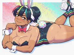 Rule 34 | 1girl, animal ears, artist name, bare shoulders, black hair, black leotard, bow, bowtie, breasts, brown eyes, cleavage, closed mouth, commentary, dark skin, detached collar, english commentary, fake animal ears, fake tail, full body, headband, highres, leotard, looking at viewer, lying, medium breasts, multicolored hair, on stomach, original, playboy bunny, ponytail, rabbit ears, rabbit tail, shoes, smile, sneakers, solo, strapless, strapless leotard, sweat, tail, tan, tanline, the jieb, the pose, toned, toned female, traditional bowtie, white headband, wrist cuffs, yeet-chan (the jieb)