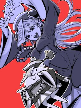 Rule 34 | 1girl, :d, baozi cat (nyanko daisensou), bead necklace, beads, breasts, cat jiangshi (nyanko daisensou), commentary request, elico nya, greyscale with colored background, hat, jewelry, jiangshi costume, long hair, necklace, nyanko daisensou, ofuda, ofuda on head, on head, open mouth, outstretched arms, pai-pai (nyanko daisensou), qingdai guanmao, red background, simple background, smile