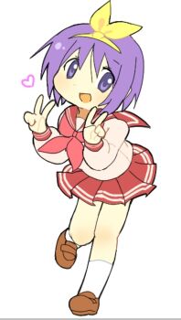Rule 34 | 1girl, :d, brown shoes, commentary, double v, happy, heart, hiiragi tsukasa, lucky star, neckerchief, open mouth, pink neckerchief, pleated skirt, purple eyes, purple hair, red sailor collar, red skirt, ribbon, ryouou school uniform, sailor collar, school uniform, serafuku, shoes, short hair, skirt, smile, socks, symbol-only commentary, tanaub, v, white background, white socks, yellow ribbon