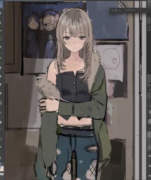 1girl art_program_in_frame black_shirt blue_pants closed_mouth fishnet_pantyhose fishnets fur_trim girls_band_cry green_jacket grey_eyes grey_hair highres holding_own_arm jacket kawaragi_momoka long_hair looking_at_viewer maoyasumisumi multicolored_hair open_clothes open_jacket pants pantyhose pantyhose_under_pants roots_(hair) shirt solo unfinished