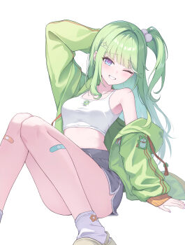 1girl absurdres arm_behind_head bandaid bandaid_on_leg blue_eyes camisole character_print chico_(yuzuha_riko) collarbone commentary_request green_hair green_jacket grey_shorts grin hair_ornament highres jacket jacket_partially_removed jihi korean_commentary long_hair long_sleeves midriff multicolored_hair one_eye_closed one_side_up pom_pom_(clothes) pom_pom_hair_ornament shoes shorts simple_background single_bare_shoulder single_sidelock sitting smile socks solo stellive streaked_hair virtual_youtuber white_background white_camisole white_hair white_shoes white_socks yuzuha_riko
