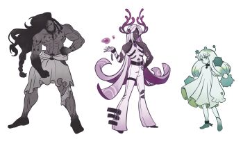 Rule 34 | 1boy, 1girl, 1other, androgynous, anklet, arm markings, bandaged hand, bandages, belt, black choker, black eyes, black hair, blue eyes, body markings, braid, chain, chain around leg, chain around neck, choker, colored extremities, colored eyelashes, colored skin, commentary request, cookie run, cookie run: kingdom, dress, gradient hair, green eyes, green hair, grey skin, hair over one eye, heterochromia, highres, horns, jewelry, low twintails, luohe2001, mold dough cookie, multicolored hair, multiple braids, no shirt, one eye closed, one eye covered, pants, pink eyes, pom pom dough cookie, purple hair, sleeveless, sleeves past fingers, sleeves past wrists, torn clothes, torn pants, torn sleeve, twintails, venom dough cookie, white background, white dress, white eyelashes, white hair, wrist chain