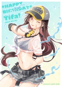 Rule 34 | 1girl, arm behind back, baseball cap, bikini, bikini under clothes, birthday, black bikini, black hair, border, breasts, brown hair, character name, closed mouth, commentary request, cowboy shot, dated, denim, denim skirt, earrings, final fantasy, final fantasy vii, final fantasy vii: ever crisis, fingerless gloves, frayed skirt, gloves, gradient background, grey skirt, halterneck, happy birthday, hat, index finger raised, jewelry, large breasts, lifeguard, long hair, looking at viewer, low-tied long hair, navel, official alternate costume, one eye closed, outside border, pilichili, red eyes, see-through clothes, see-through shirt, shirt, short sleeves, side-tie bikini bottom, single sidelock, skirt, smile, solo, stomach, swimsuit, tifa lockhart, tifa lockhart (lifeguard), twitter username, water, wet, wet clothes, wet shirt, whistle, whistle around neck, white border, white shirt, yellow gloves