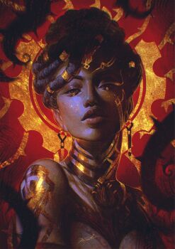 1girl abstract_background arcane:_league_of_legends armor artist_name bare_shoulders blurry brown_hair close-up colored_veins commentary dark-skinned_female dark_skin denilveart depth_of_field dreadlocks dress earrings english_commentary eyeshadow glitter glitter_makeup gold_armor gold_tattoo hair_ornament hair_up head_tilt highres jewelry league_of_legends looking_at_viewer makeup mel_(league_of_legends) parted_lips plant red_lips shade shoulder_plates signature sleeveless sleeveless_dress solo thick_lips thorns upper_body very_dark_skin vines