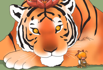 animalization closed_mouth commentary_request green_background medicine_melancholy monkey onikobe_rin simple_background sitting tiger toramaru_shou toramaru_shou_(tiger) touhou