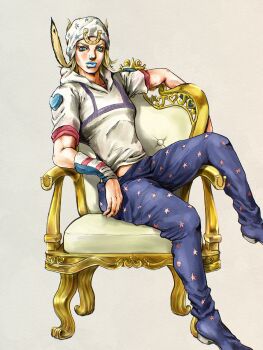 1boy absurdres american_flag american_flag_print arm_warmers beanie blonde_hair blue_eyes blue_lips blue_pants chair commentary_request faux_traditional_media feathers flag_print hat heart_ornament highres hood hood_down hoodie horseshoe_hat_ornament horseshoe_ornament johnny_joestar jojo_no_kimyou_na_bouken kaib0y lips makeup male_focus pants red_sleeves sitting solo star_(symbol) star_print steel_ball_run two-tone_sleeves white_hat white_hoodie white_sleeves