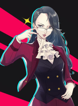 1girl absurdres ace_attorney adjusting_eyewear ascot belt_buckle buckle cosplay cowboy_shot formal_clothes glasses grey_eyes hair_ornament hand_on_eyewear hand_on_own_hip highres lipstick long_hair looking_at_viewer makeup mauve_jacket miles_edgeworth miles_edgeworth_(cosplay) nail_polish niijima_sae persona persona_5 side_part silver_hair solo sparkle sparkling_eyes striped_background suit trait_connection vest waistcoat wanderstill