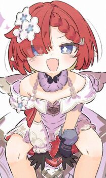 1girl angel_wings bare_shoulders black_gloves blue_eyes breasts commentary_request dress fang flower gloves hair_flower hair_ornament honkai:_star_rail honkai_(series) inaririn looking_at_viewer open_mouth pointy_ears red_hair simple_background sitting sitting_on_object skin_fang small_breasts solo star-shaped_pupils star_(symbol) symbol-shaped_pupils trianne_(honkai:_star_rail) white_background white_dress wings