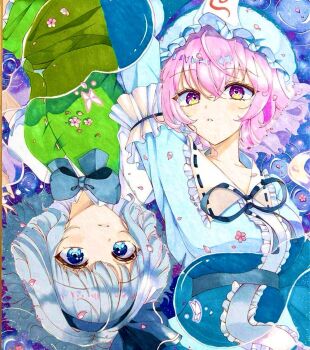 2girls black_hairband blue_eyes blue_hat blue_kimono blue_ribbon commentary_request frilled_kimono frills green_vest grey_hair hairband hat highres hitodama japanese_clothes kimono konpaku_youmu konpaku_youmu_(ghost) looking_at_viewer marker_(medium) medium_hair mob_cap multiple_girls neck_ribbon pink_eyes pink_hair puffy_short_sleeves puffy_sleeves ribbon ringo33757 saigyouji_yuyuko shikishi short_sleeves sleeve_garter touhou traditional_media triangular_headpiece upside-down vest